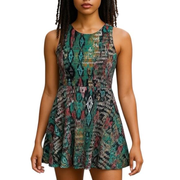 Julian Chang Fit & Flare Mini Dress Open Back Racerback Abstract Print Medium - Picture 1 of 13